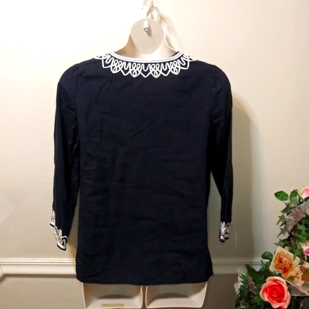 Talbots Navy & White Cord Trimmed Preppy/Coastal Linen Tunic - Picture 6 of 9